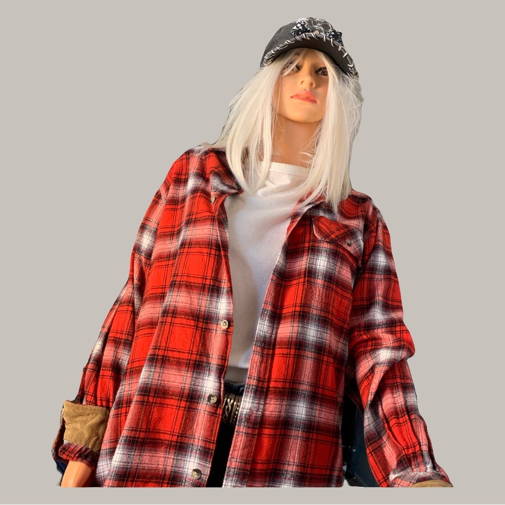 Upcycled Vibrant Red Plaid Unicorn Sequin Shirt - Picture 7 of 11